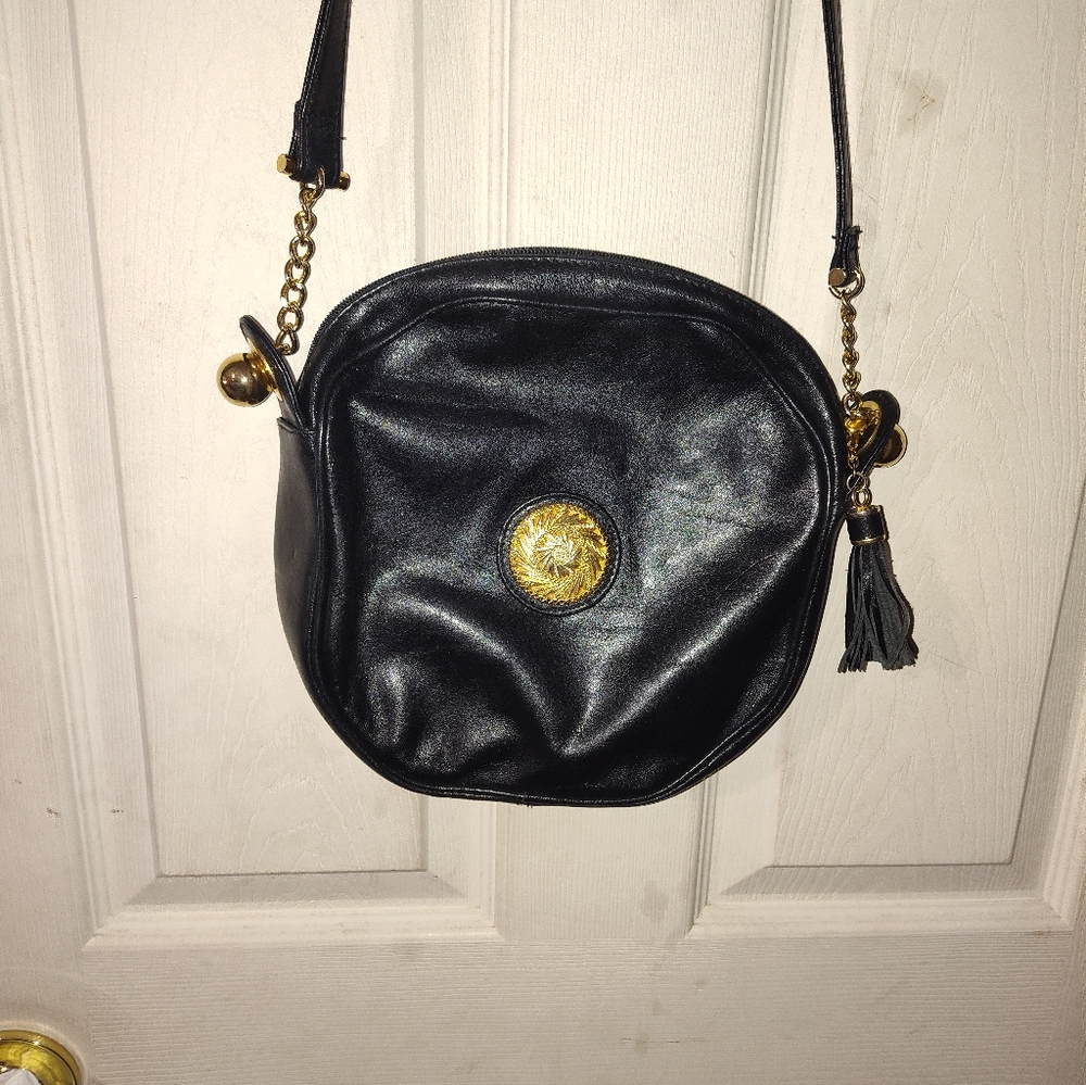 Vintage Leather Women's Crossbody Bag Saddle Black by Pantera New York 1980s 90s